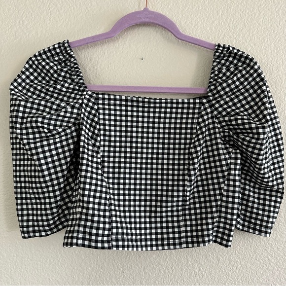 TOPSHOP Women’s Cropped Gingham Shirt Top Black and White Size 6 - Picture 2 of 6